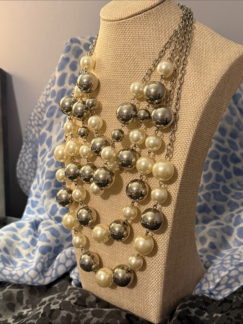 Multi-Strand Pearl and Metallic Bead Necklace - White & Silver - Picture 3 of 3